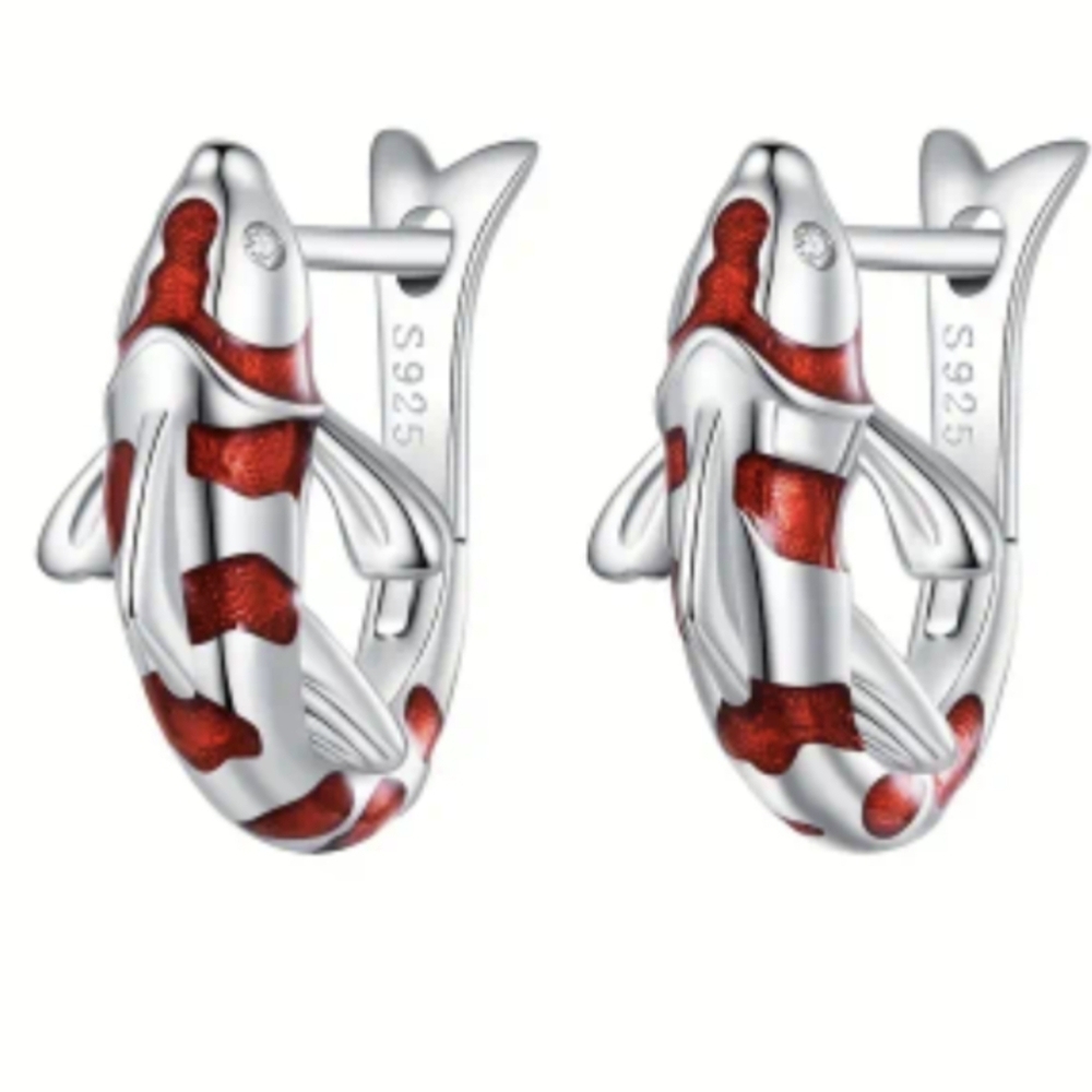 ✴️LAST ONE✴️Earrings,Hugging Hoop Koi striped in silver & orange-red